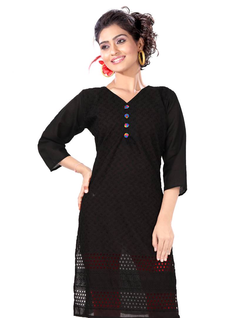 Stylish Cotton Black Chiken Embroidered Kurta For Women